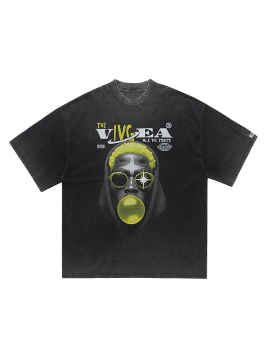 Street Retro Washed Creative Print T-shirt