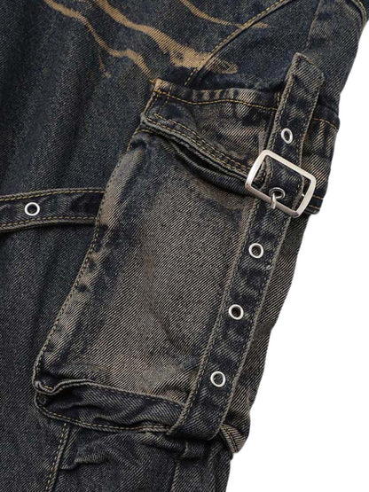 Jean cargo multi-poches délavé vintage vieilli