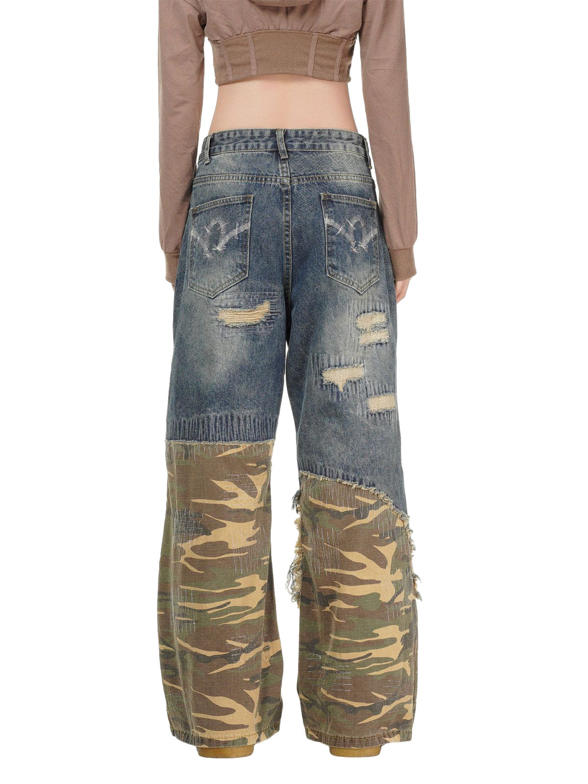 Distressed Camouflage Patchwork Jeans