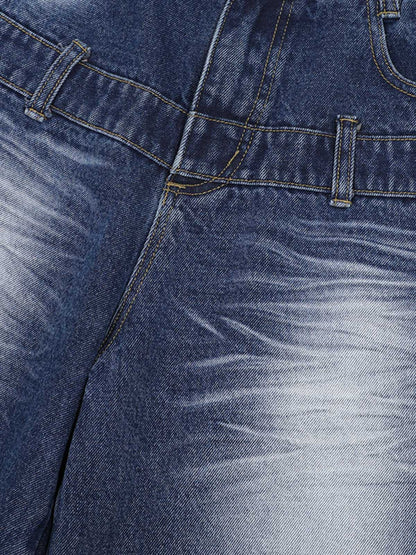 Distressed Washed Workwear Denim Shirt And Jorts Set