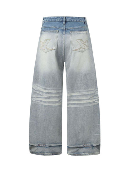 Distressed Washed Whisker Pleated Barrel Jeans