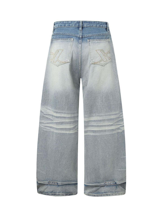 Distressed Washed Whisker Pleated Barrel Jeans