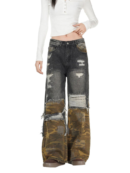 Distressed Camouflage Patchwork Jeans