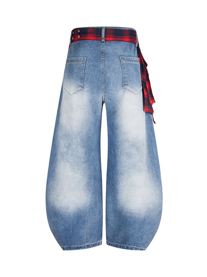 Washed Plaid Belt Barrel Jeans