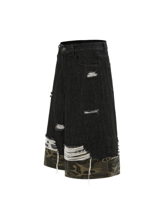 Patchwork Camouflage Ripped Denim Jorts