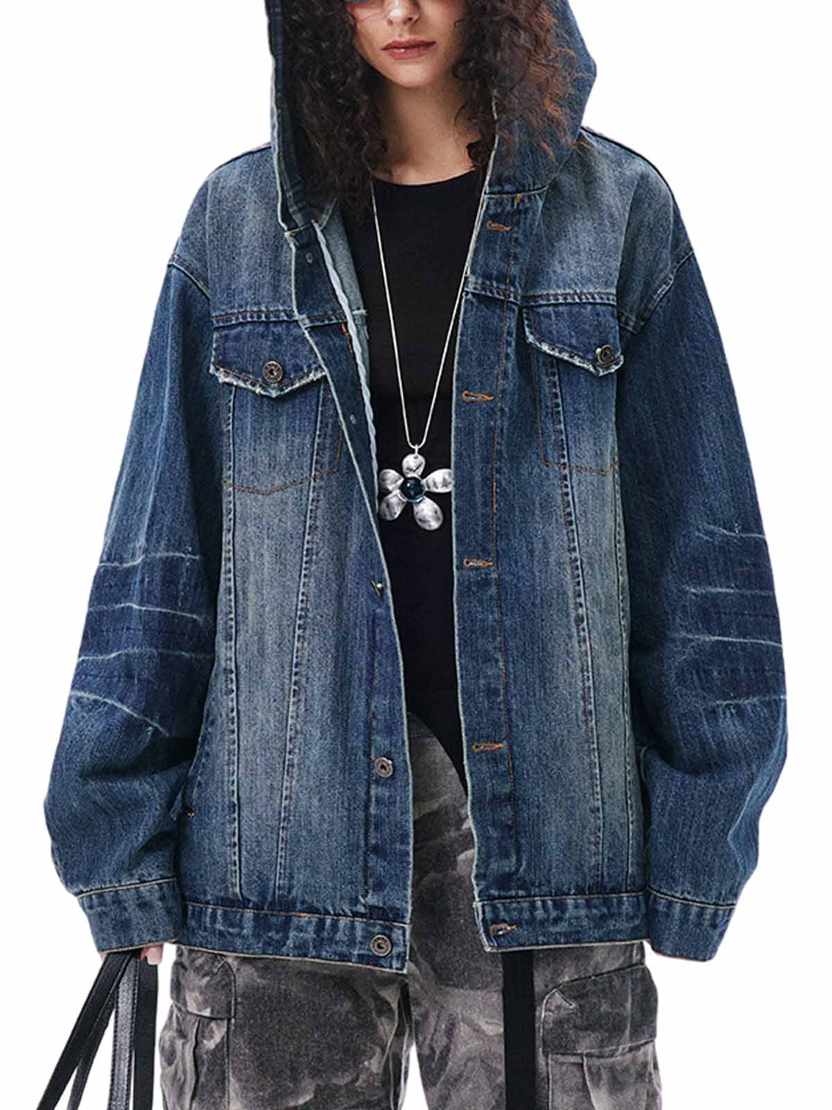 Veste à capuche en jean délavé style rétro