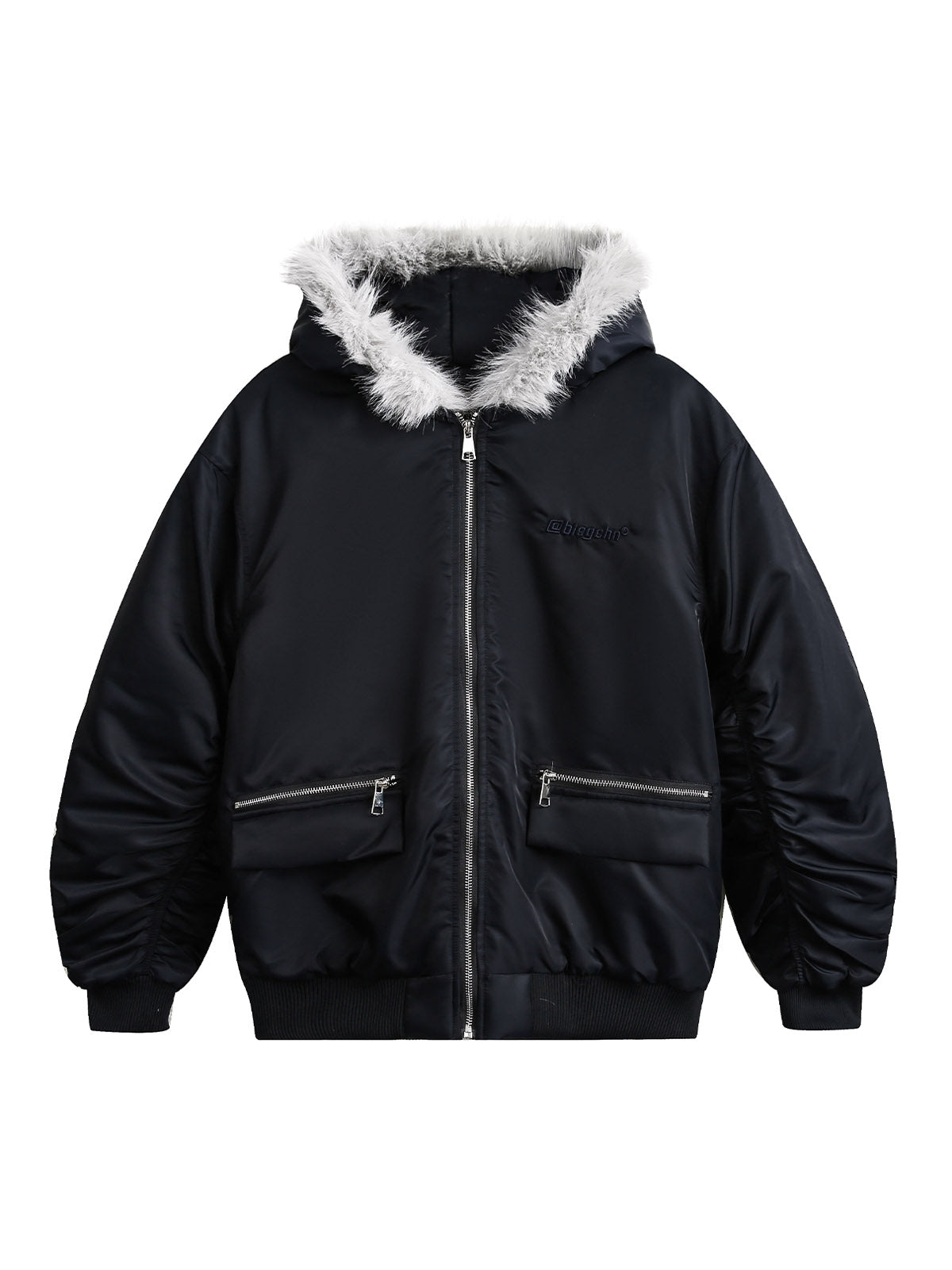 Thesupermade Fur Hooded Pleated Quilted Bomber Jacket