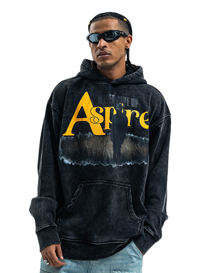 Schwerer, gewaschener Fleece-Hoodie mit Buchstaben-Portrait-Print