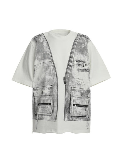 Faux Two-Piece Denim Vest Print T-Shirt