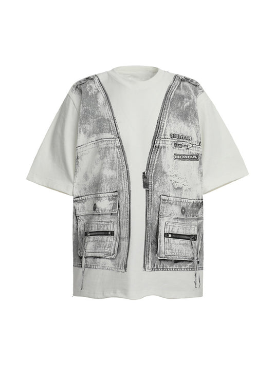 Faux Two-Piece Denim Vest Print T-Shirt