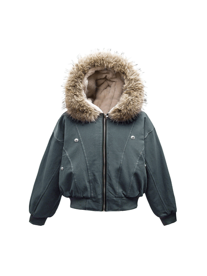 Fur Lined Zip Up Hooded Bomber Jacket