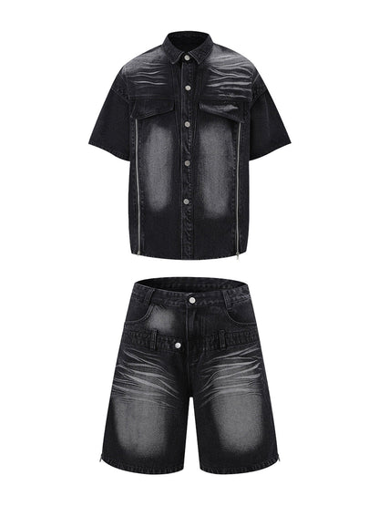 Set aus verwaschenem Jeanshemd und Jeanshose im Used-Look