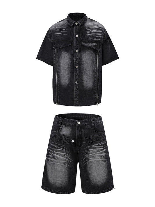 Set aus verwaschenem Jeanshemd und Jeanshose im Used-Look