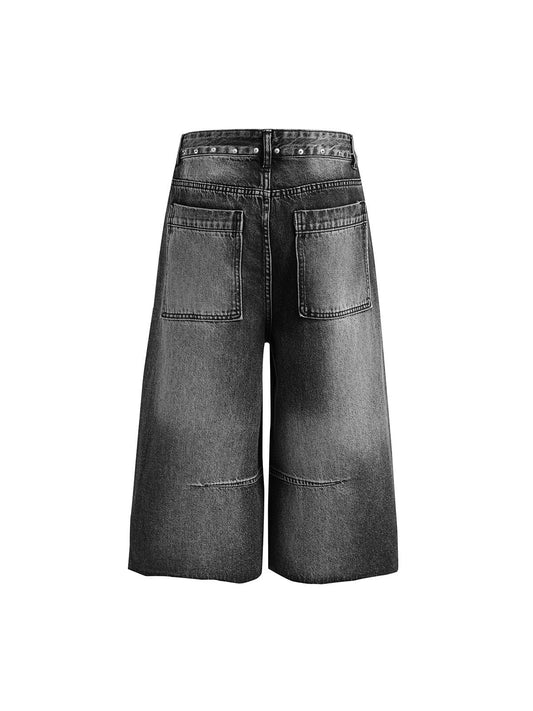 Washed Distressed Rivet Denim Cropped Jorts