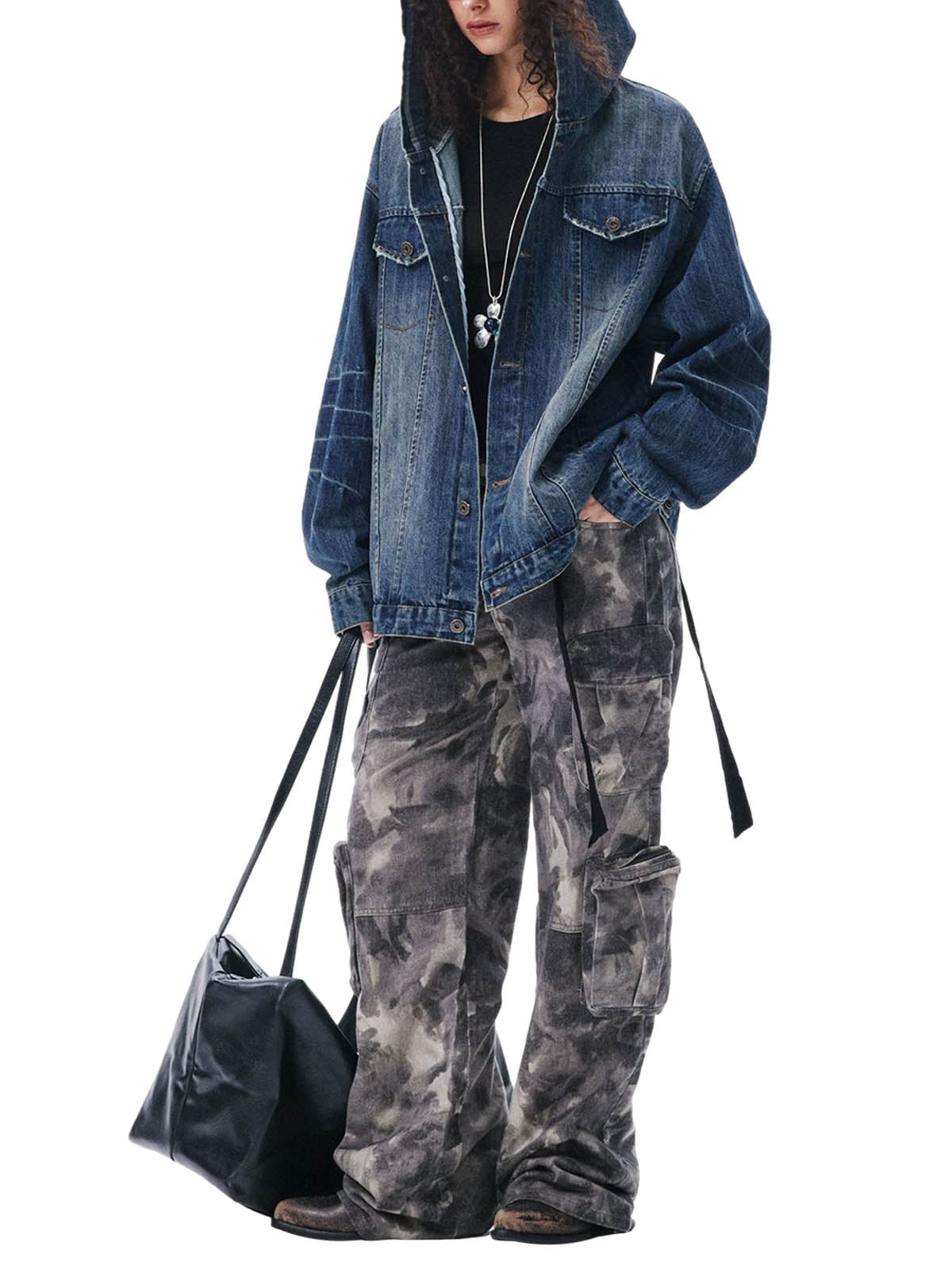 Veste à capuche en jean délavé style rétro