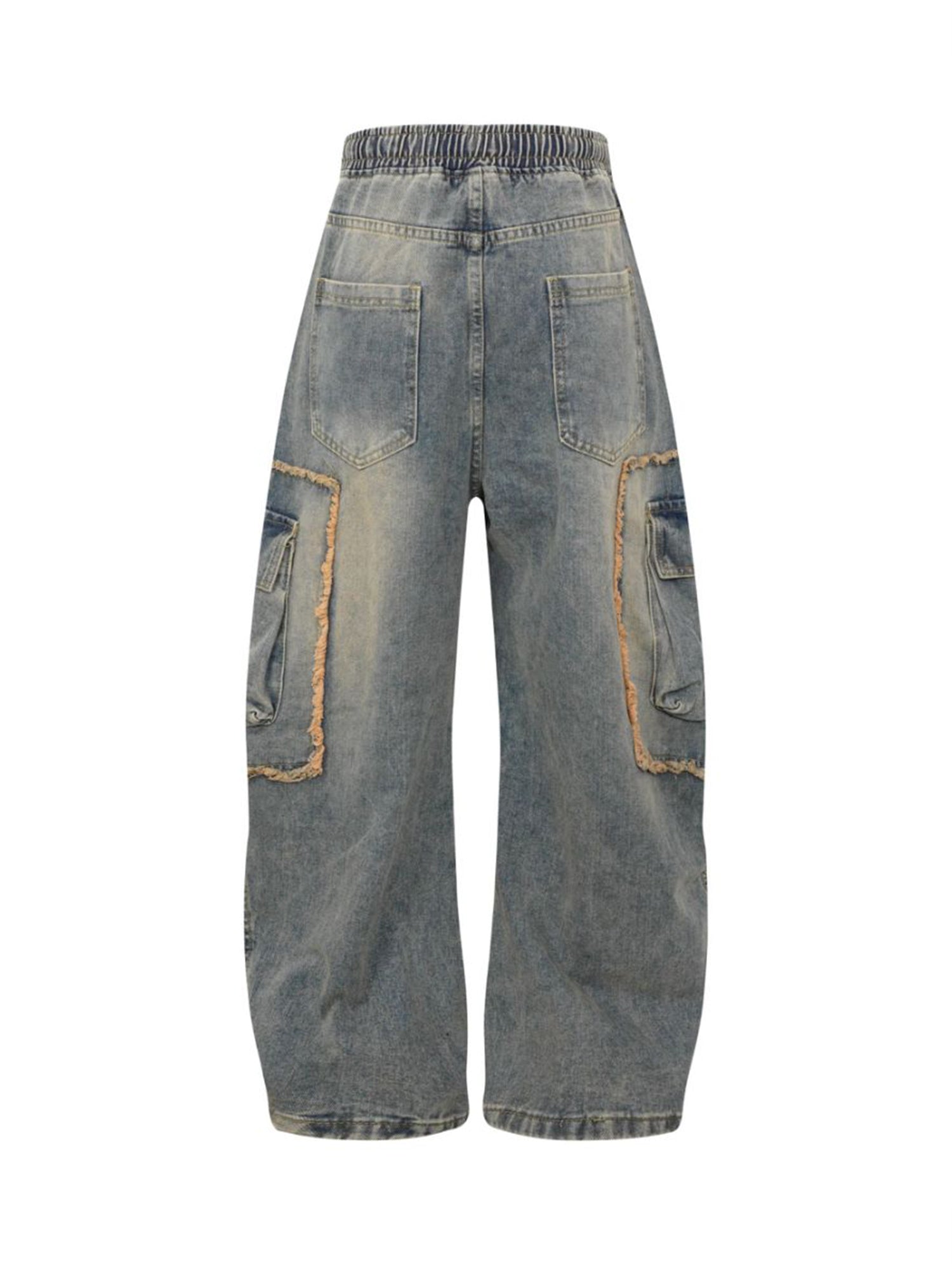 Distressed Raw Edge Cargo Drawstring Barrel Jeans