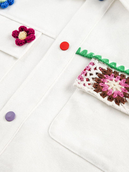 Veste utilitaire en jean au crochet floral fait main