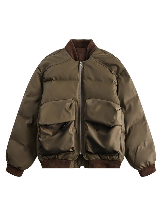 Puffer-Bomberjacke mit Retro-Patchwork und mehreren Taschen