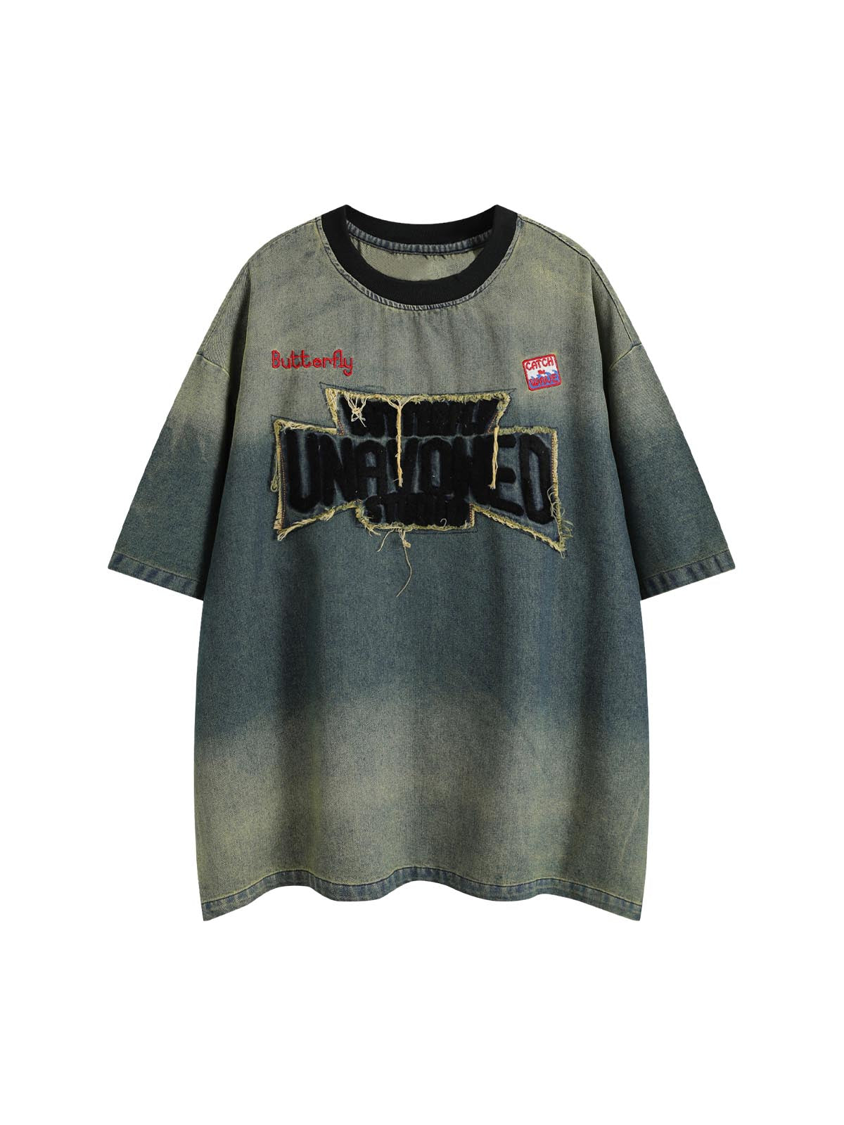 Distressed Washed Patchwork Gradient Denim T-shirt