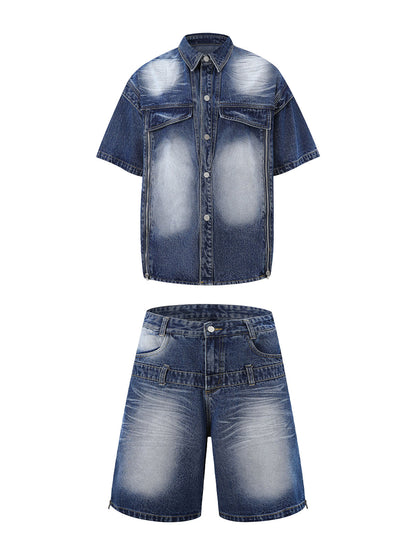 Distressed Washed Workwear Denim Shirt And Jorts Set