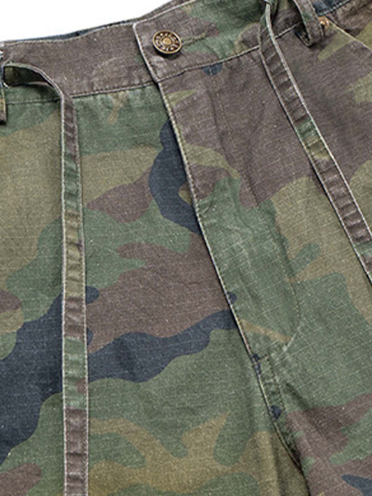 Washed Destroyed Camouflage Drawstring Cargo Shorts