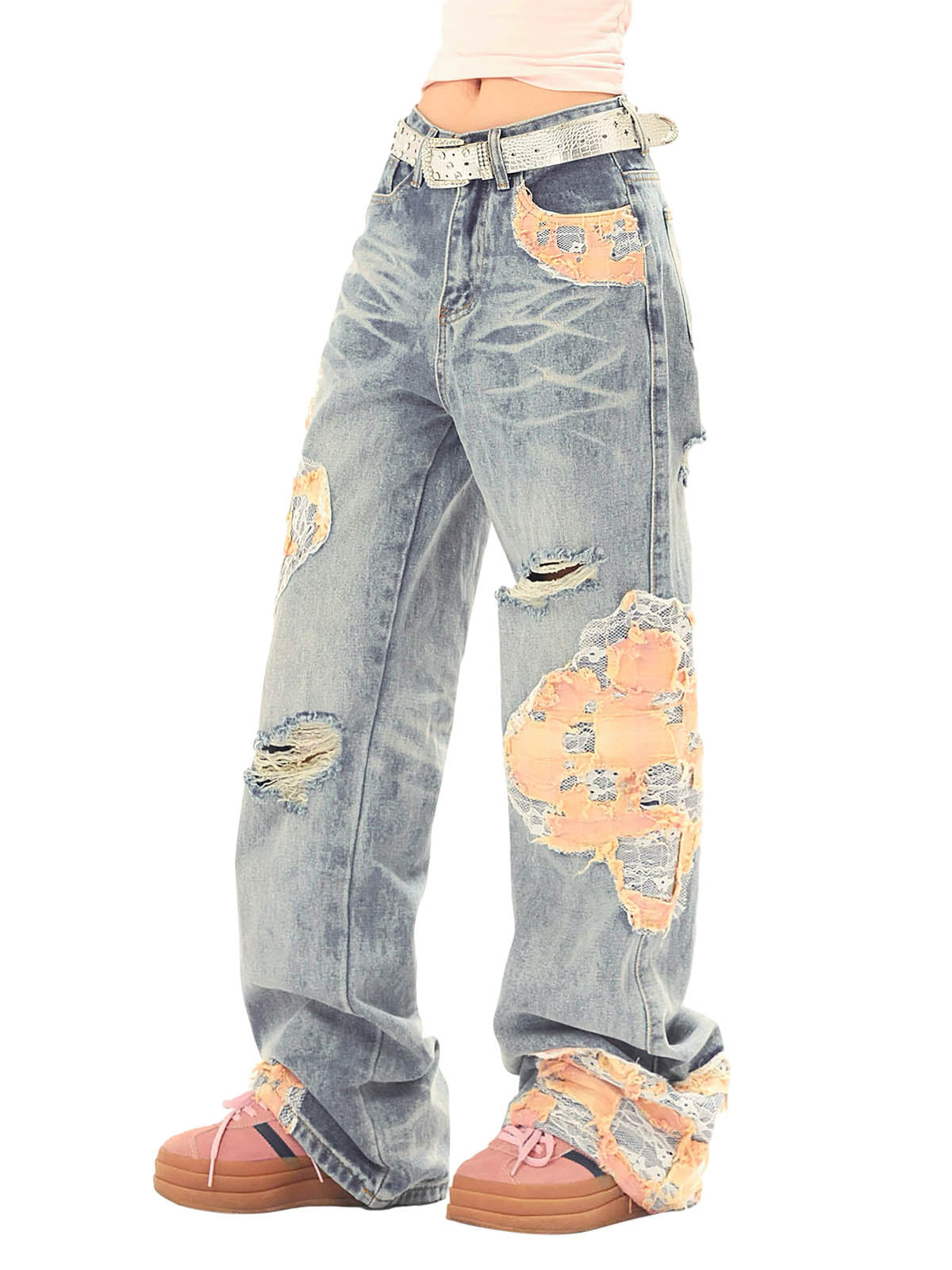 Thesupermade Vintage Lace Patchwork Baggy Jeans