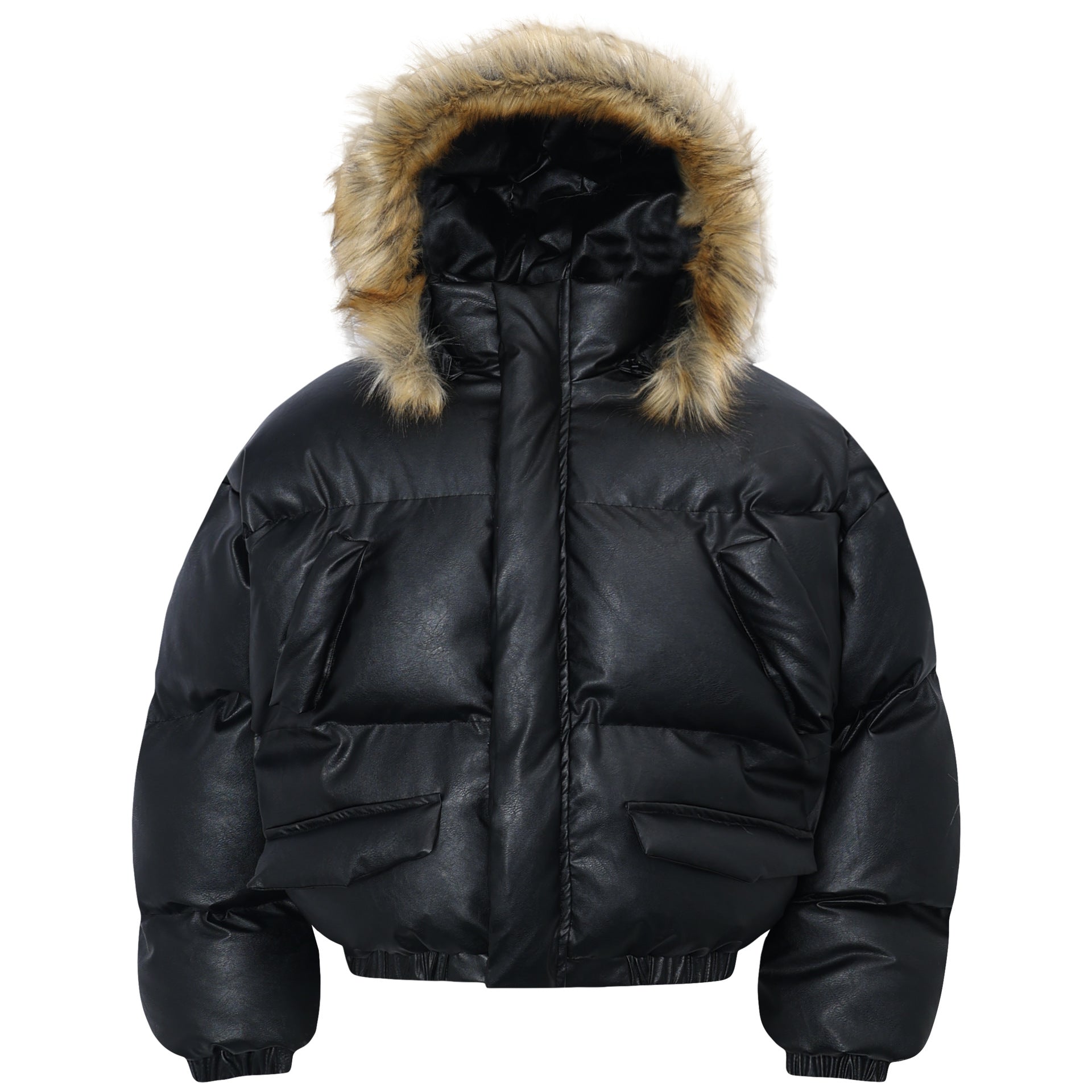 PU Leather Windproof Fur Hooded Jacket