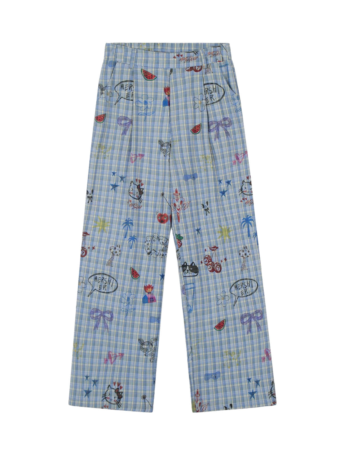 Pantalon à carreaux amusant à imprimés floraux et fruités