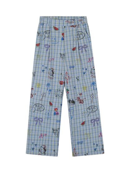 Pantalon à carreaux amusant à imprimés floraux et fruités