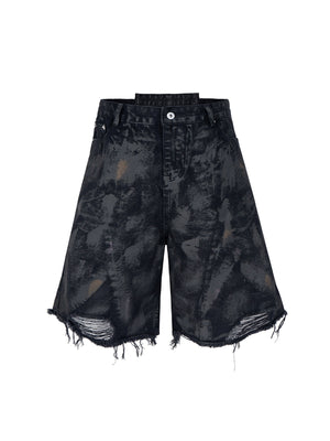 Tie-Dye Distressed Denim Shorts