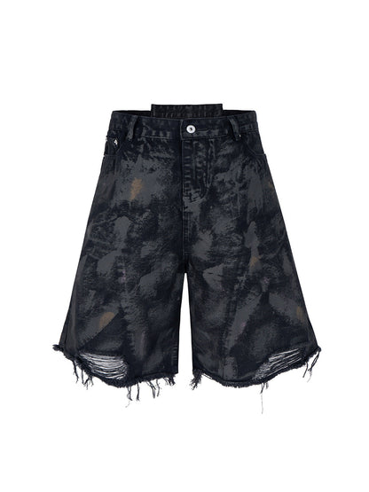 Tie-Dye Distressed Denim Shorts