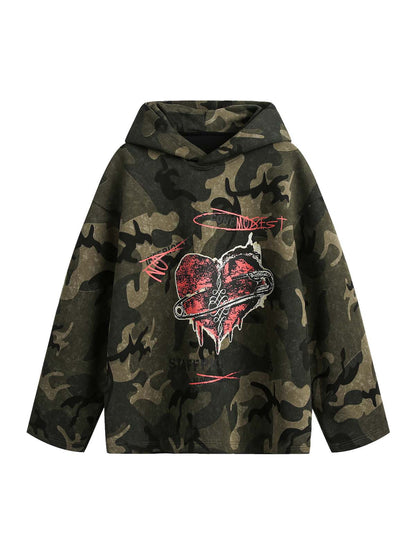 Kapuzenpullover mit Vintage-Camouflage-Flammenherz-Print