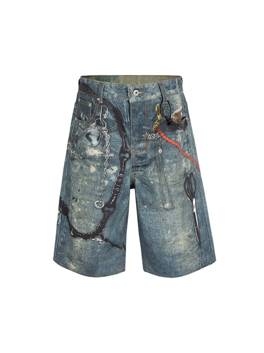 Short court en jean à imprimé ciseaux rétro