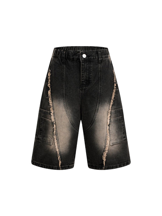 Washed Distressed Raw Edge Denim Jorts
