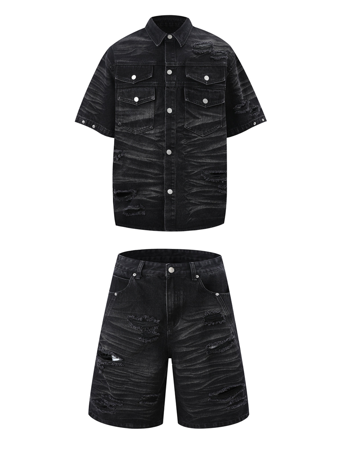 Distressed Washed Distressed Denim Shirt & Jorts Set