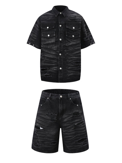 Distressed Washed Distressed Denim Shirt & Jorts Set
