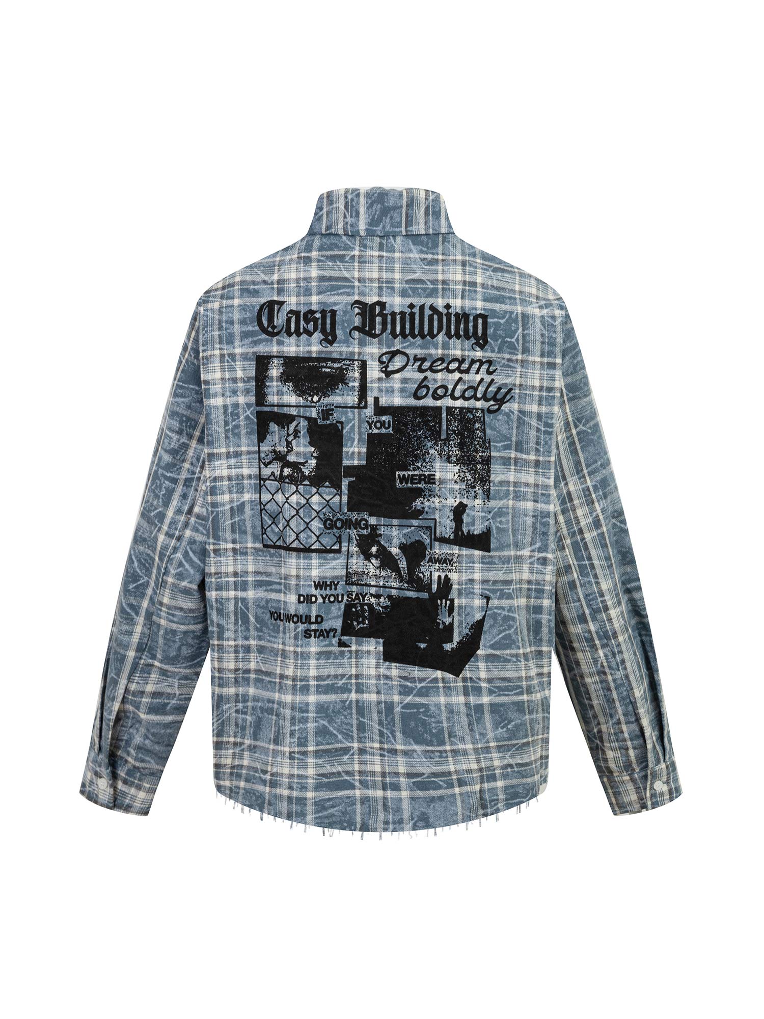 Thesupermade Lettering Print Raw Edge Plaid Shirt