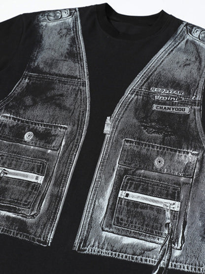 Faux Two-Piece Denim Vest Print T-Shirt