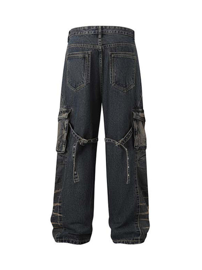 Jean cargo multi-poches délavé vintage vieilli