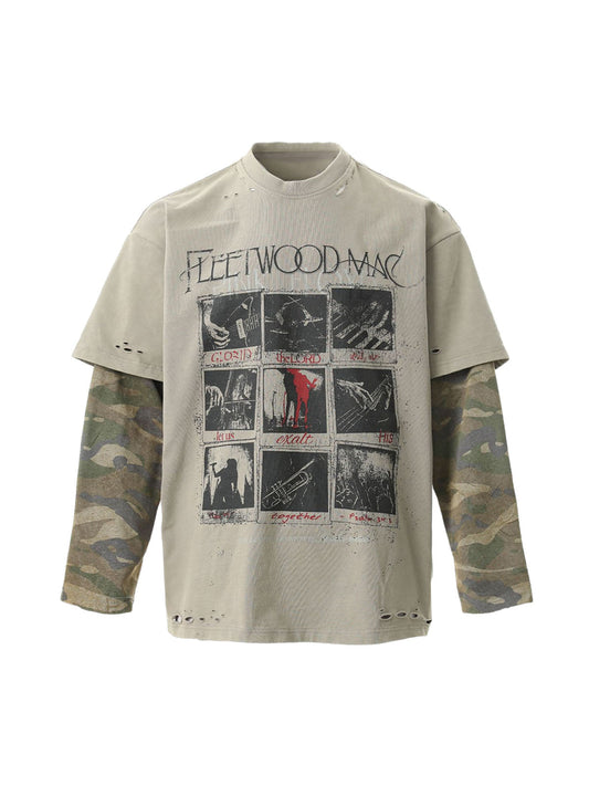 Distressed Camouflage Faux Two-Piece Graphic T-Shirt