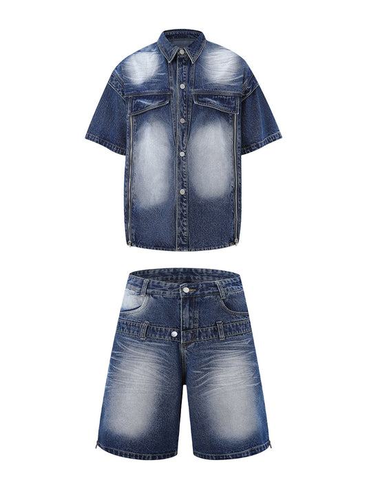 Set aus verwaschenem Jeanshemd und Jeanshose im Used-Look