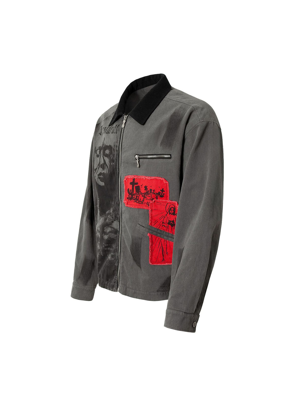 Patchwork-Scheunenjacke im Wasteland-Stil mit Portrait-Print