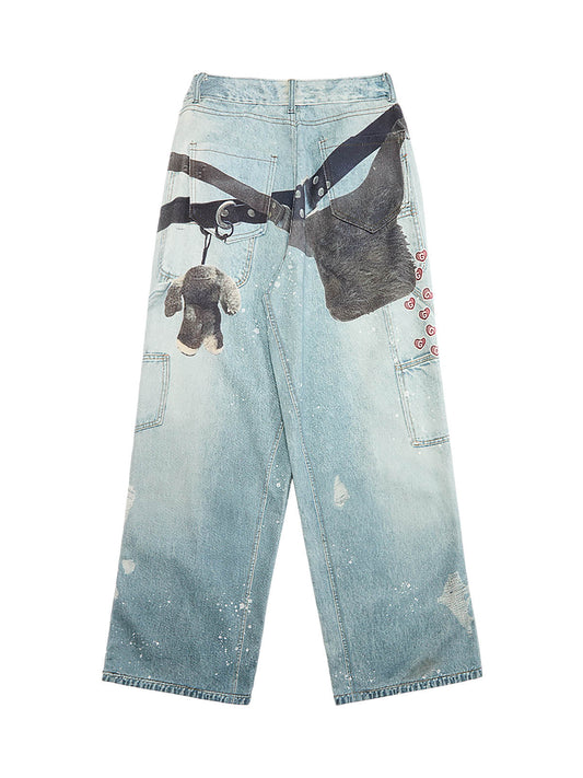 Distressed Washed Ink-splashed Chain Print Baggy Jeans