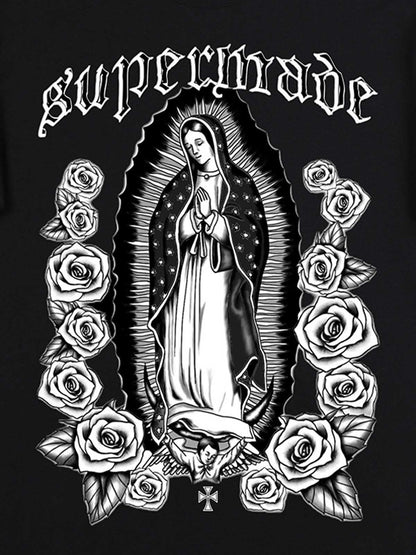 Original Retro Gothic Virgin Mary Floral Print T-Shirt