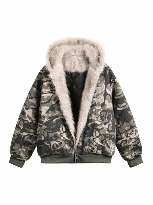 Thesupermade Camouflage Fur Hooded Jacket - 2353