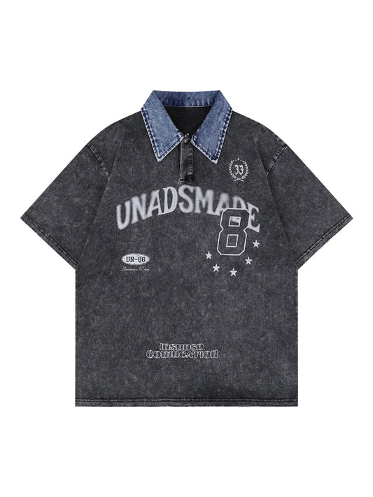 Poloshirt mit Denim-Kragen im Used-Look und Stickerei