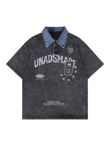 Distressed Embroidered Denim Collar Polo Shirt