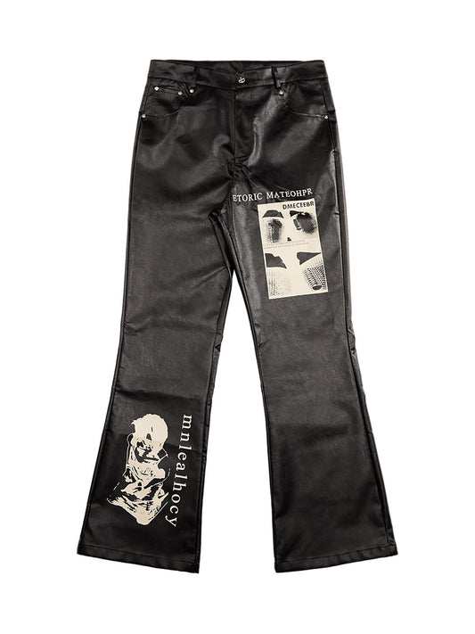 Pantalon évasé en cuir PU à imprimé gothique