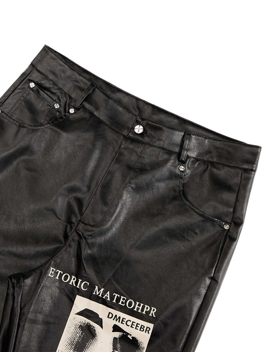 Pantalon évasé en cuir PU à imprimé gothique