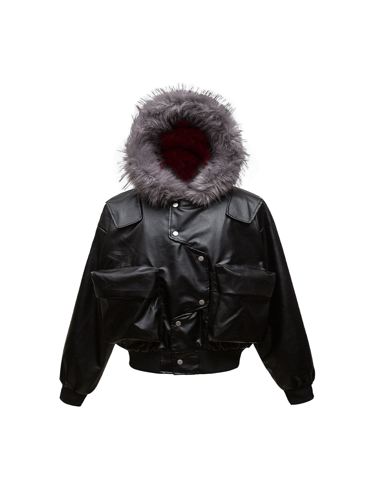 Deconstructed Multi Pocket Fur Hooded PU Leather Jacket